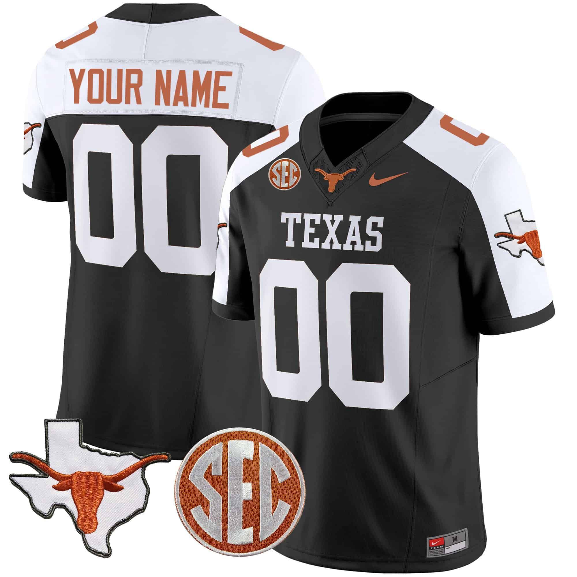 Men Texas Longhorns Black 2024 Nike State Map & SEC Patch Vapor Custom NCAA Jersey